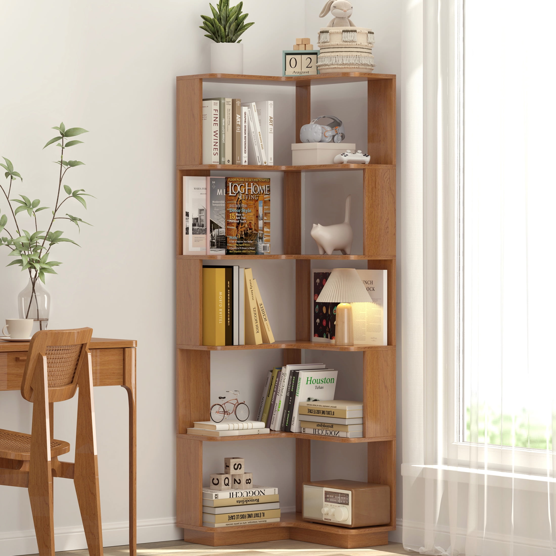 Noble House Vayen 65" L-Shaped Corner Bookshelf, 6-Tier Anti-Drop Wooden Bookcase, Open Storage Rack, Dark Oak