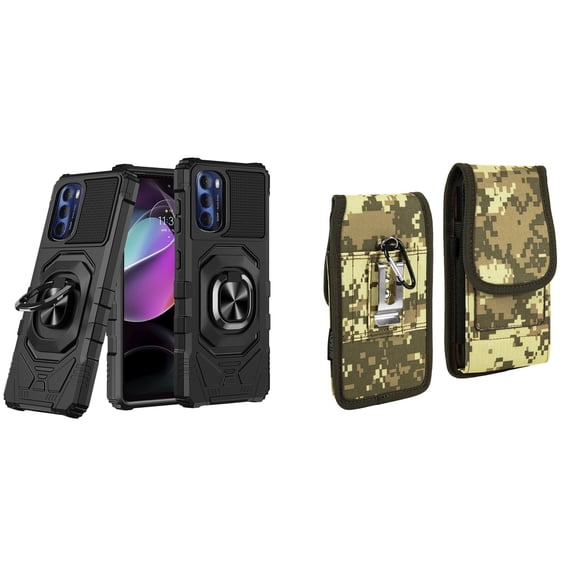 Case with Belt Holster Bundle for Moto G 5G 2022: Heavy Duty Shield Cover (Black) and Vertical Rugged Nylon Phone Pouch (Digital Camo)