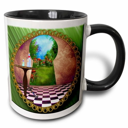

3dRose Through the keyholes Alice In Wonderland art checkered floor bottle of magic water Two Tone Black Mug 11oz