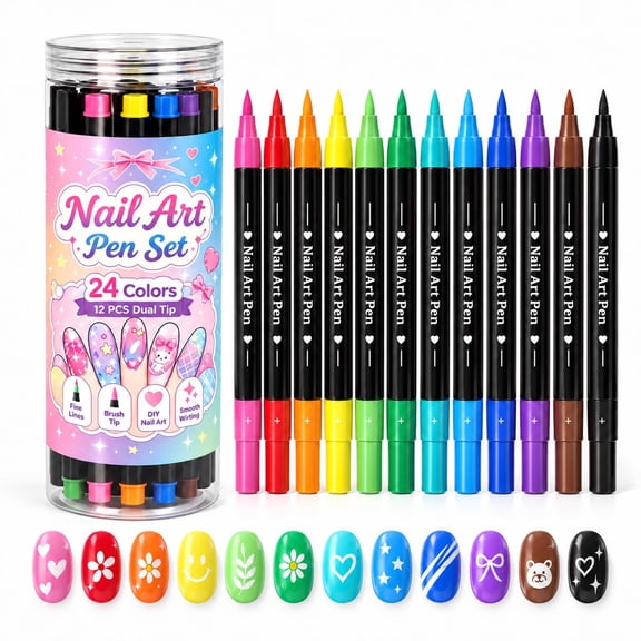 24 Colors Dual Ended Nail Art Pens Set with Fine Liner and Brush Tips for Details, Outlines and Smooth Fills
