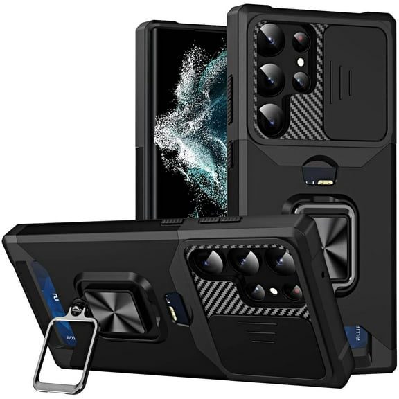 Military Grade All-In-One Ring Stand Card Case for Samsung Galaxy S23 Ultra - Black