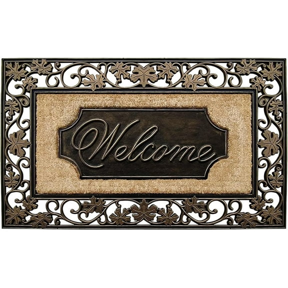 A1HC First Impression Rubber and Coir Large Floral Welcome Door Mat, 18" X 30", Dirt Trapper Thick Durable Heavy Duty Doormat