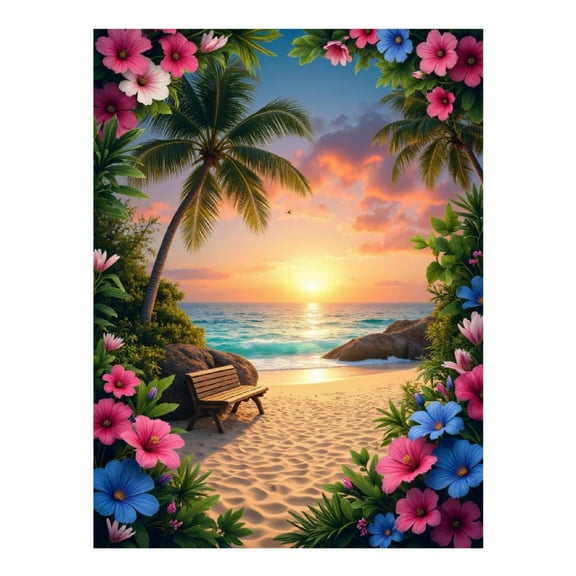 Diamond Art Kits for Adults - 5d Tropical Beach Sunset Flowers Diamond Painting for Adults, Diamond Art for Adults Beginners, Diamond Painting Kits for Adults for Home Wall Decor