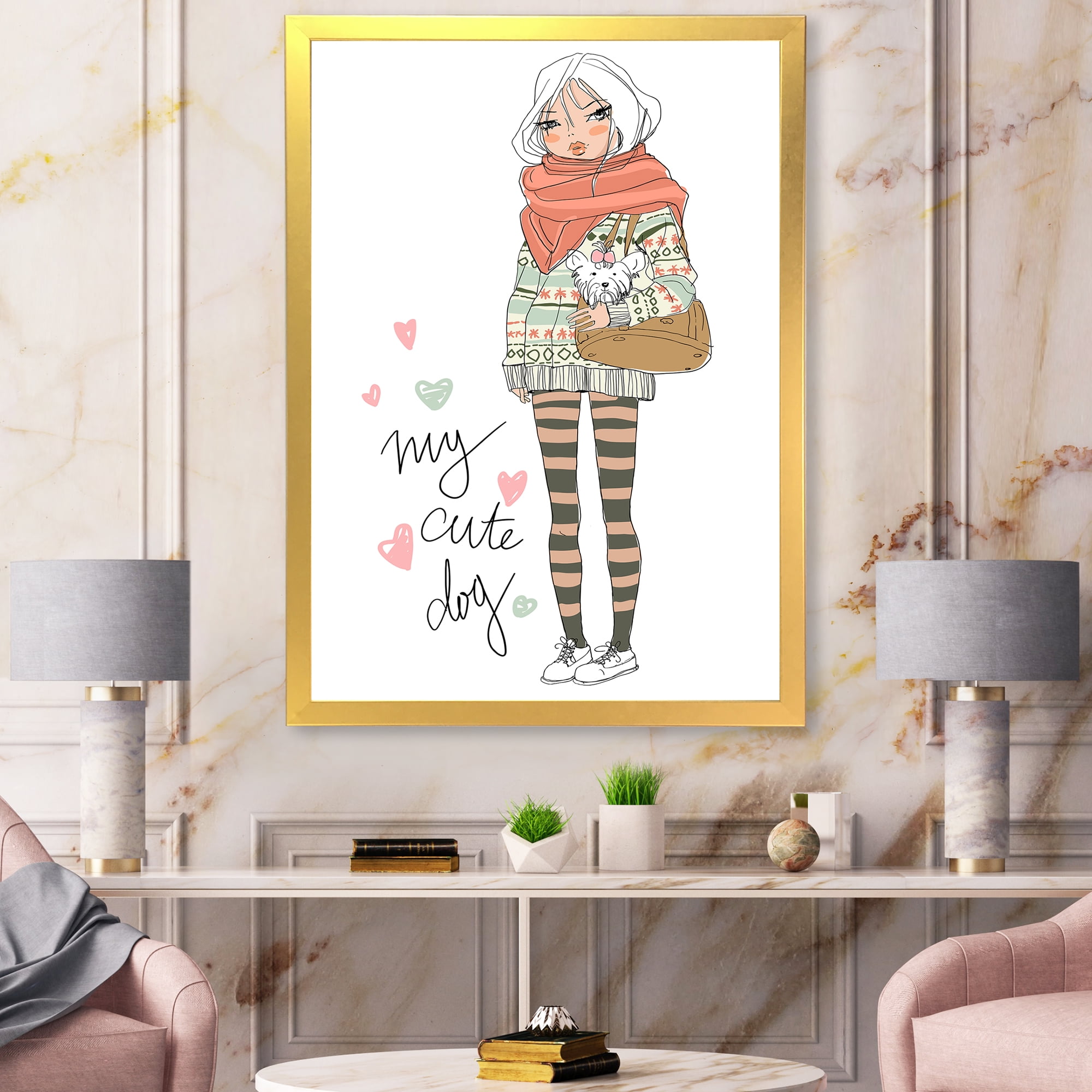 Designart 'My Cute Dog Cute Girl With Dog' Shabby Chic Framed Art Print