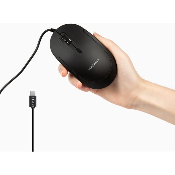 Macally USBC Wired Mouse for Mac & PC Slim, Quiet 3Button Scroll Wheel, 4 DPI Modes, Plug & Play, Black