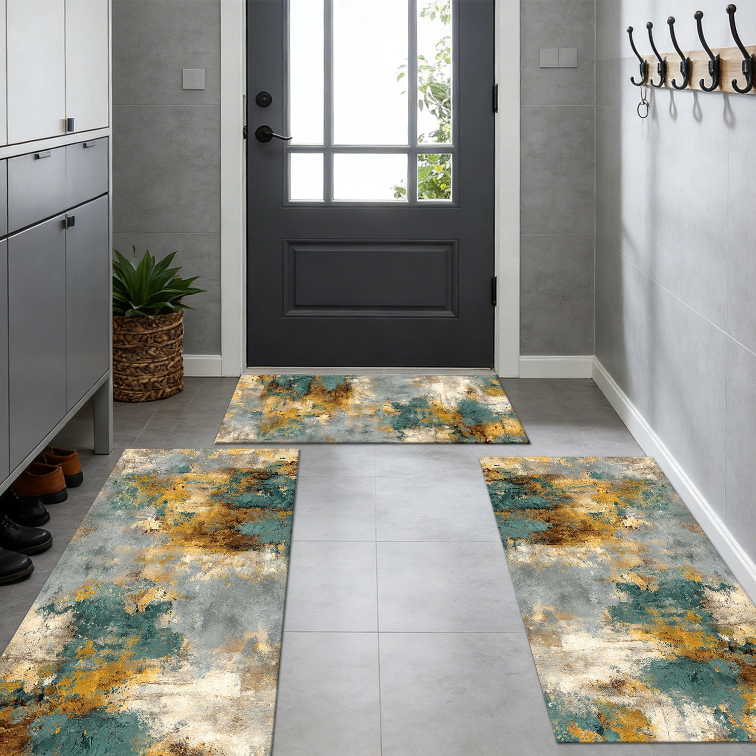 3-Piece Farmhouse Kitchen Rug Set, Washable Anti Slip Striped Floor Mats in 3 Sizes, Stain Resistant Decor Rugs for Kitchen Hallway Bathroom Home Christmas Decor