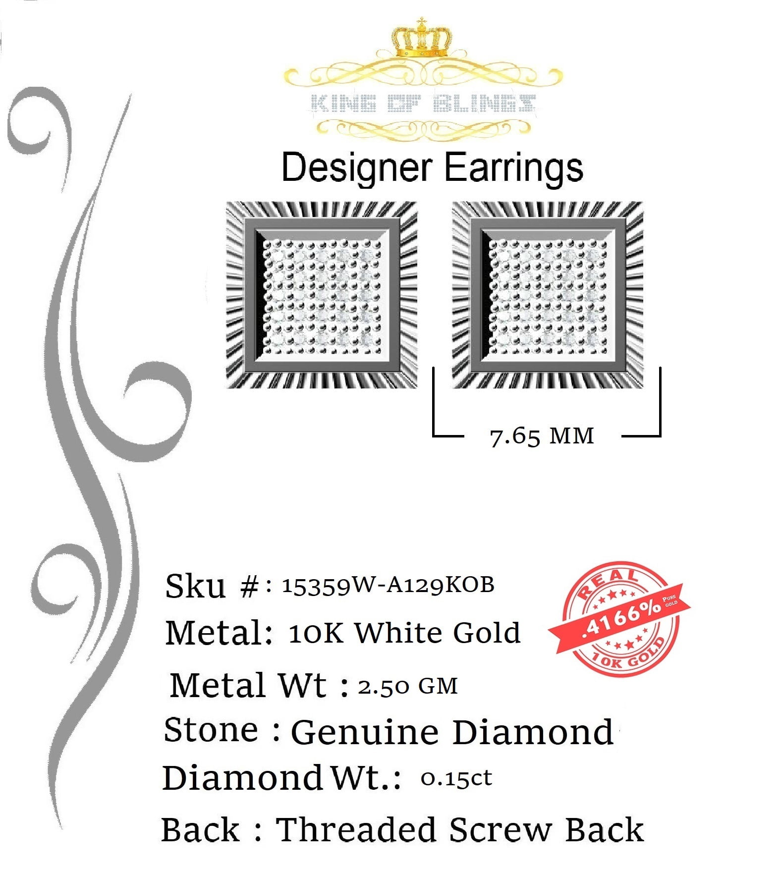 King of Bling's 10K Real Yellow Gold Real Diamond 0.15CT Men's/Women's Stud Micro Earring