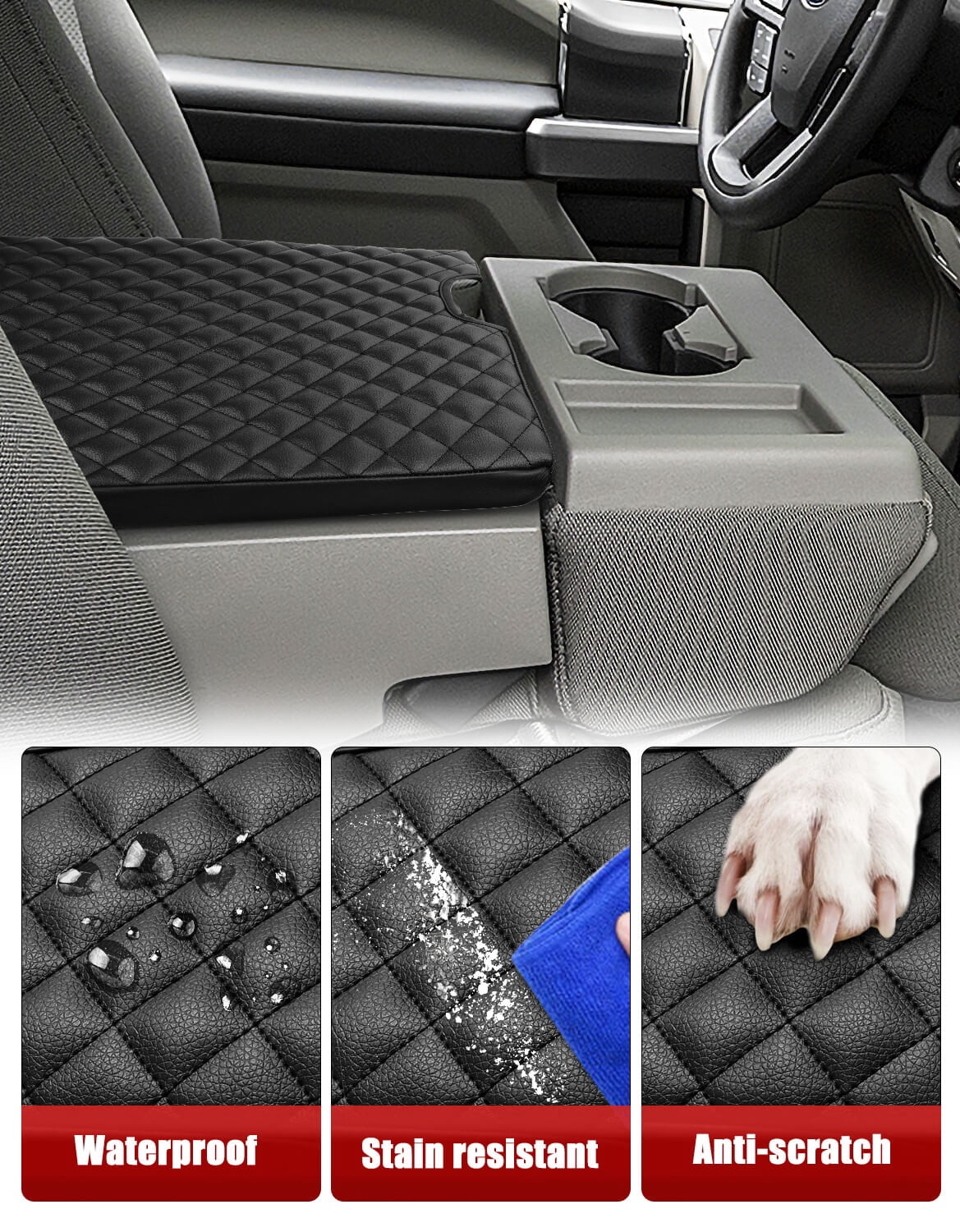 KBH Center Console Cover for 2015-2025 Ford F150 Accessories, 2017-2025 F250 F350 F450 with 40/20/40 Jump Seat, Black Leather Middle Console Armrest Cover for Truck Interior