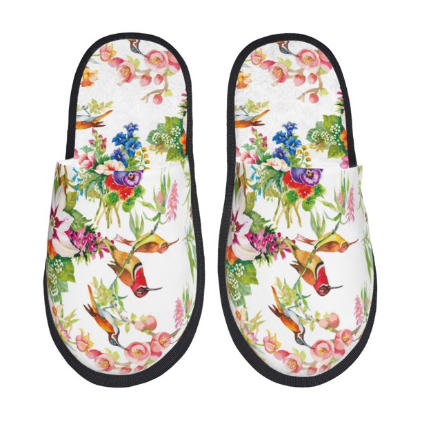 Balery Birds And Flowers Pantuflas de Casa de Felpa Silenciosas con Diseño Estampado, Zapatillas Cómodas Antideslizantes de Algodón para Interior-Large
