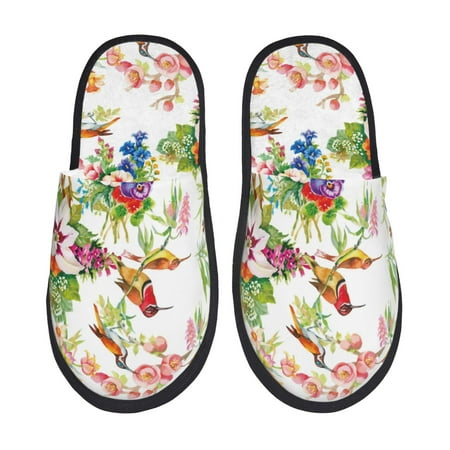 Balery Birds And Flowers Slient Indoor Furry Fleece Comfort House Shoes Soft Non-Slip Home Shoes Cotton slippers House Slippers-- Large