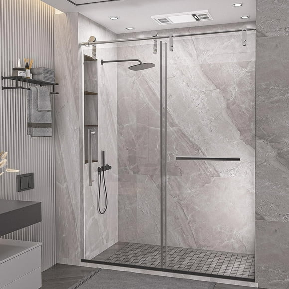 Kullavik Trousse de Douche en Verre, Porte de Douche Sans Cadre 56-60 Pouces L x 75 Pouces H, Porte de Douche Coulissante avec Verre Trempé Clair Certifié 5/16 Pouces (8 mm), Quincaillerie en Acier Inoxydable Brossé Porte de Douche Incassable