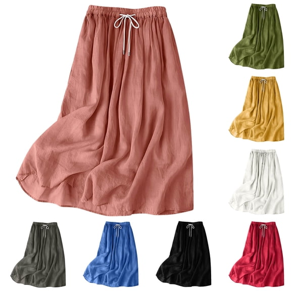 HBGVBA Casual Linen Skirts for Women,Solid Color Faux Ankle Length Skirt Drawstring Elastic Waist with Side Functional Pockets