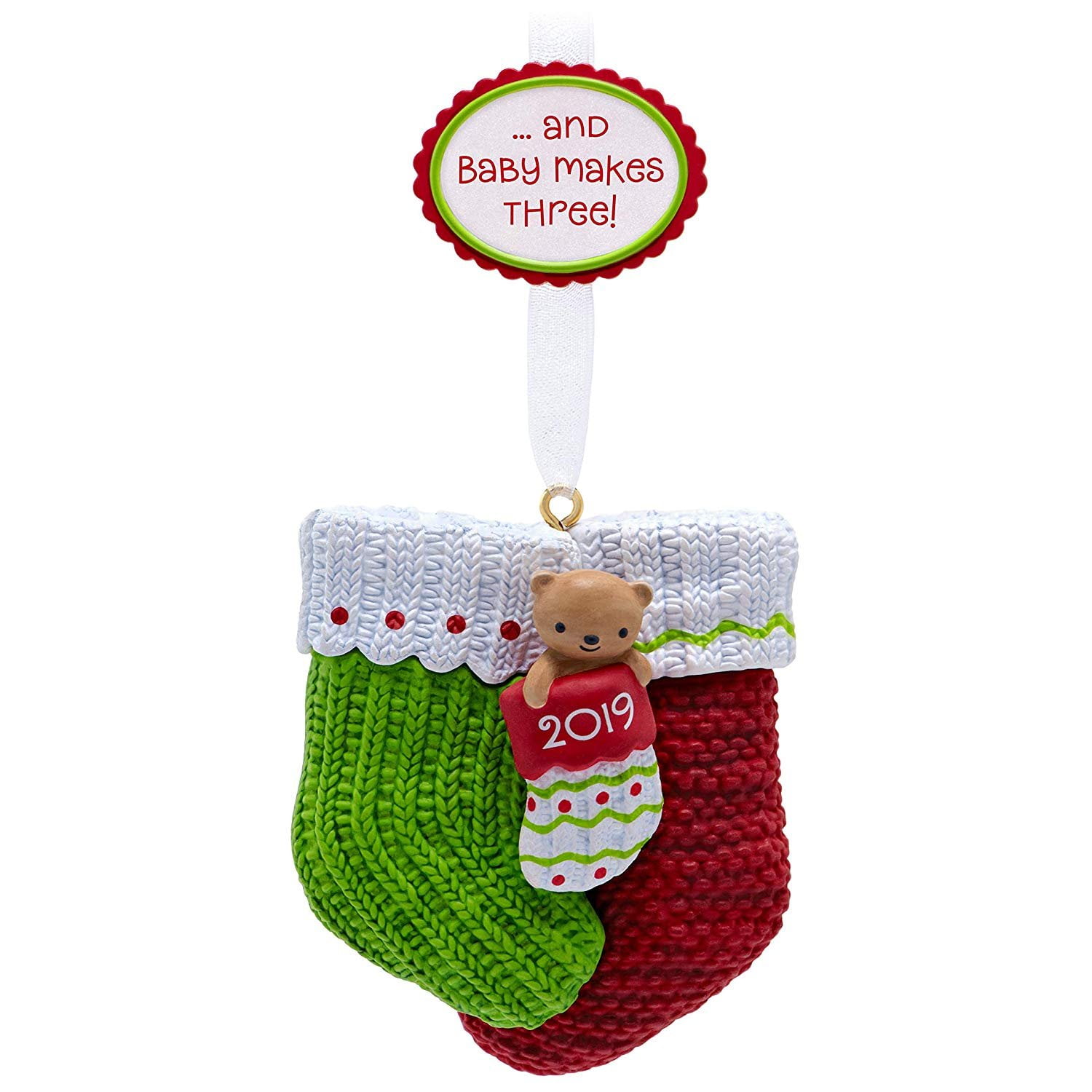 Hallmark Keepsake 2019 Year Dated Baby Makes Three First Christmas Stocking Ornament,