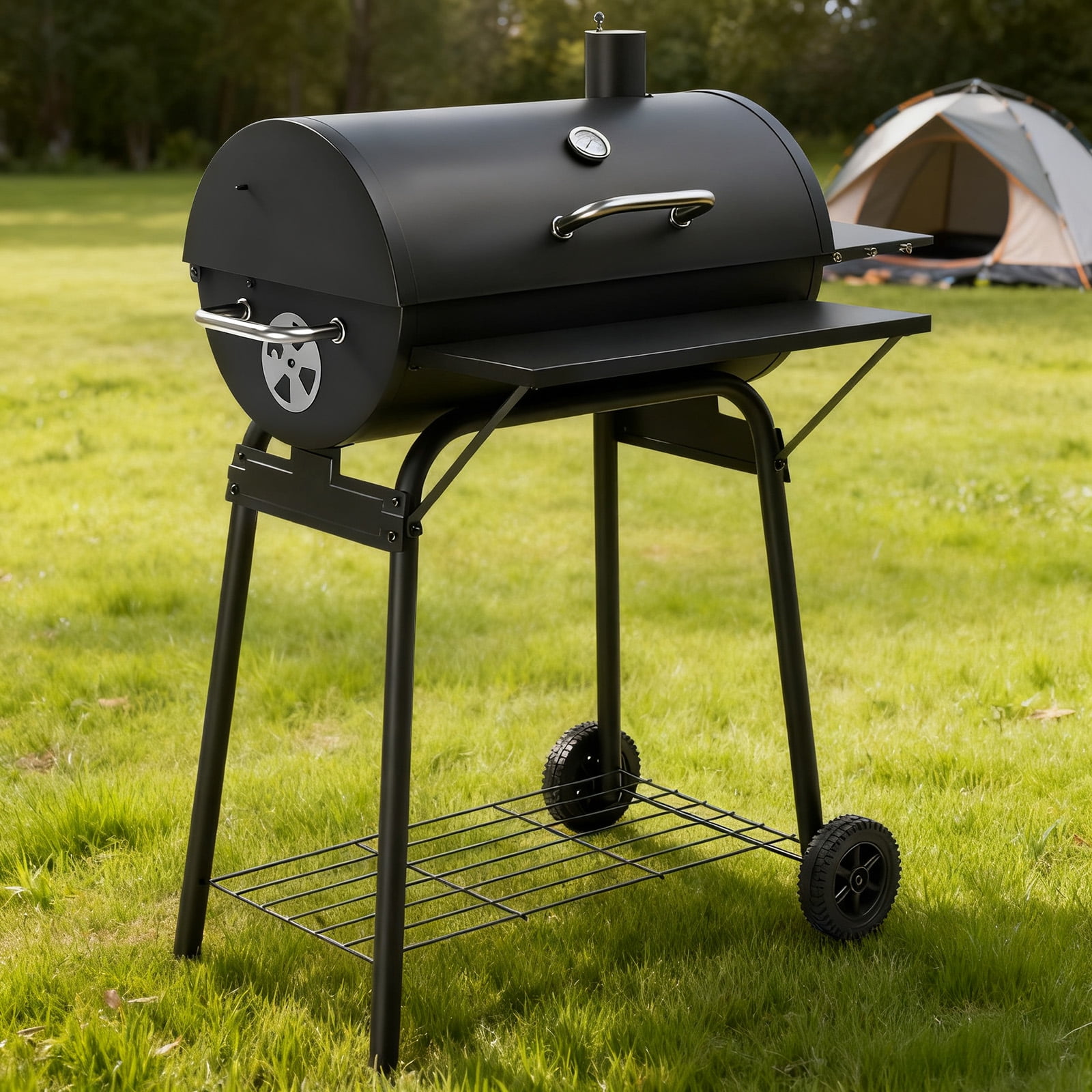 Barrel Charcoal Grill with Side & Front Table, 571 SQ In Cooking Space, Outdoor BBQ Smoker with Adjustable Fire Grate & Thermometer, Heavy Duty for Backyard Patio Parties, Black