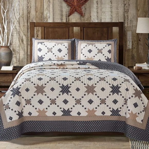 Virah Bella Ensemble de Literie Courtepointe Cabine Très Grand 3 Pcs - Étoile de Minuit - Ensemble de Couette Patchwork Réversible Rustique Campagnard avec Taies Décoratives