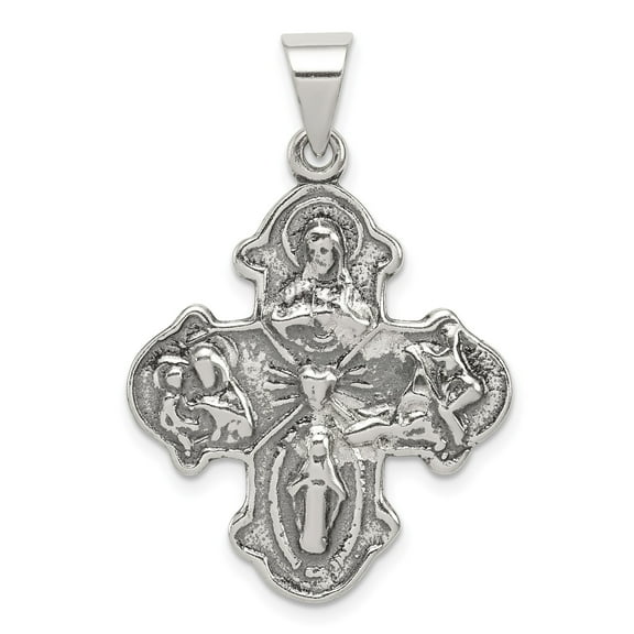 Sterling Silver Four-Way Cross Pendant Necklace with Jesus Virgin Mary Saints for Men or Women Catholic Christian Religious Medal Symbol of Faith and Protection Jewelry