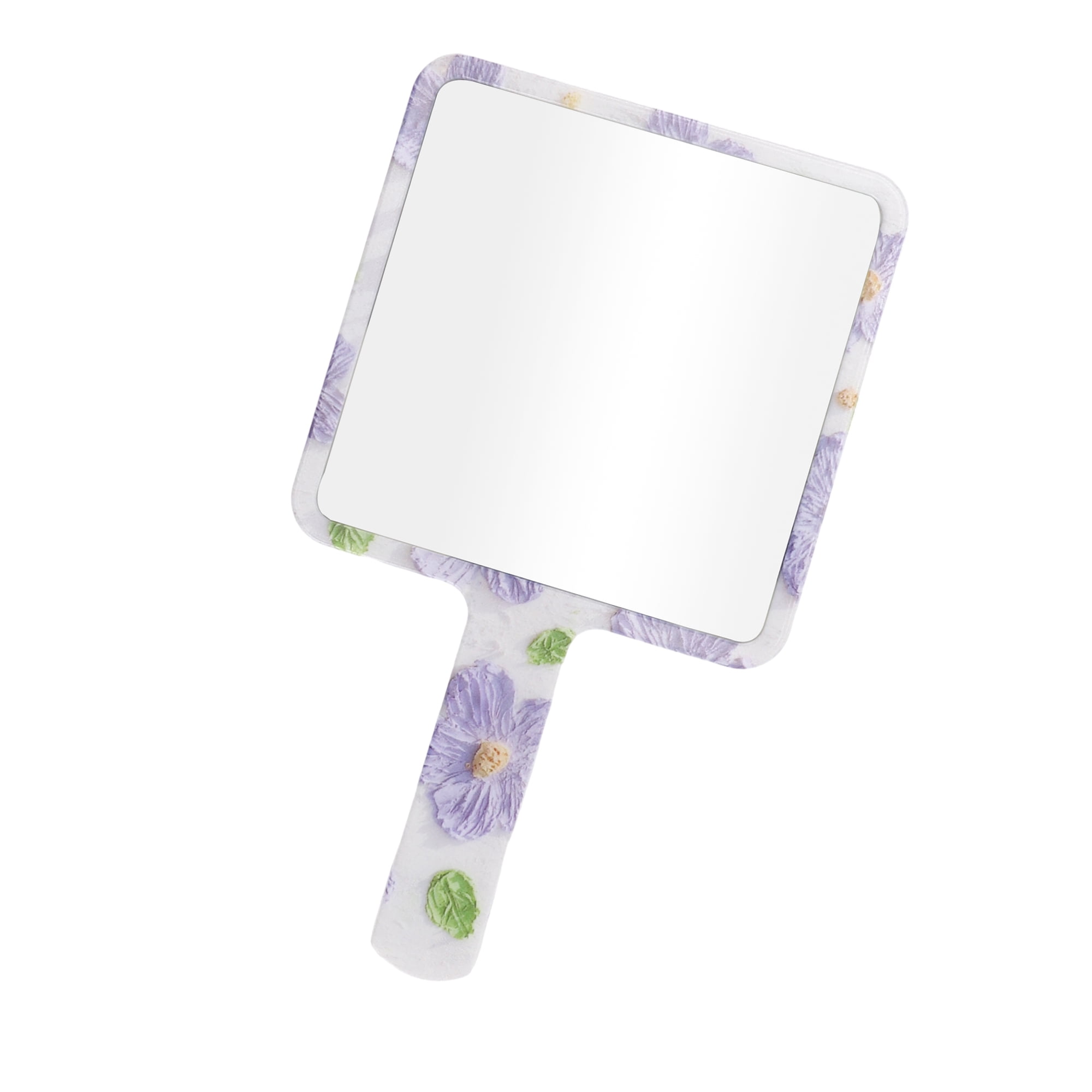 Unique Bargains 1 Pc Women Floral Square Handheld Mirror for Business Travel Purple White