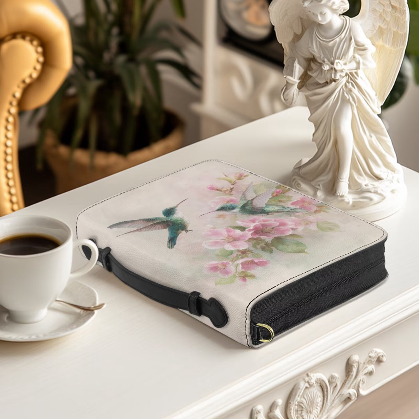 Kuiaobaty Hummingbird Print Bible Cover for Women Men Cherry Blossom Print Bible Study Supplies with Leather Bookmark Multi Pockets Church Bag Bibles Case with Strap Gifts for Christian, Beige