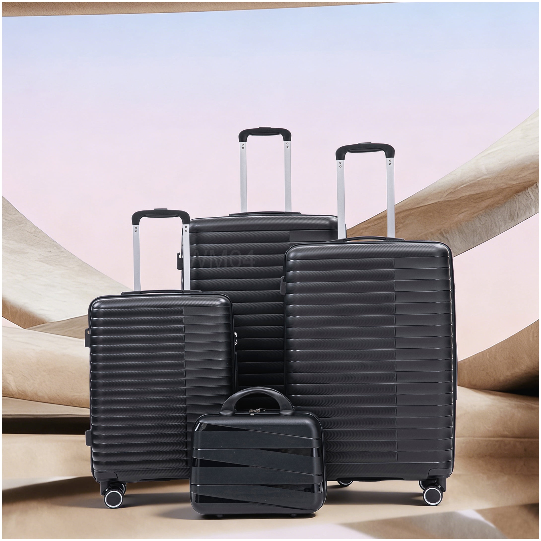 MANGIJOY Polypropylene Spinner Luggage 4-Piece Set, Black Carry-On and Checked Suitcases with Combination Lock and Silent Wheels