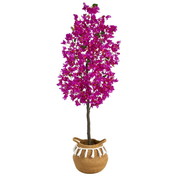 Nearly Natural 5ft. Artificial Bougainvillea Tree with Handmade Jute & Cotton Basket with Tassels, Purple