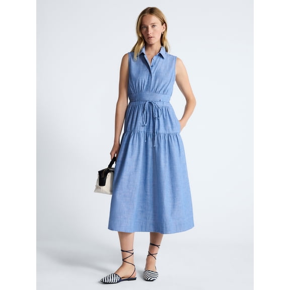 Free Assembly Women's and Women's Plus Sleeveless Cotton Maxi Shirtdress with Belt, Sizes XS-4X