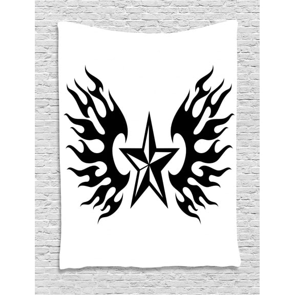 Texas Star Tapestry, United States of America Themed Star and Flames Silhouette Abstract Design, Wall Hanging for Bedroom Living Room Dorm Decor, 40W X 60L Inches, Black and White, by Ambesonne