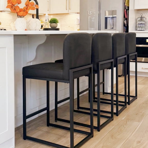 MF Studio 24" Bar Stool with Back Set of 4, 3.5" Thick Upholstery PU Leather Counter Height Bar Stool for Kitchen Island, Black