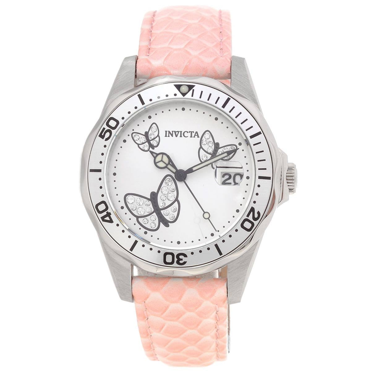 Invicta Women s 19738 Pro Diver Butterfly Crystal Accented Silver Dial Pink Strap Dive Watch