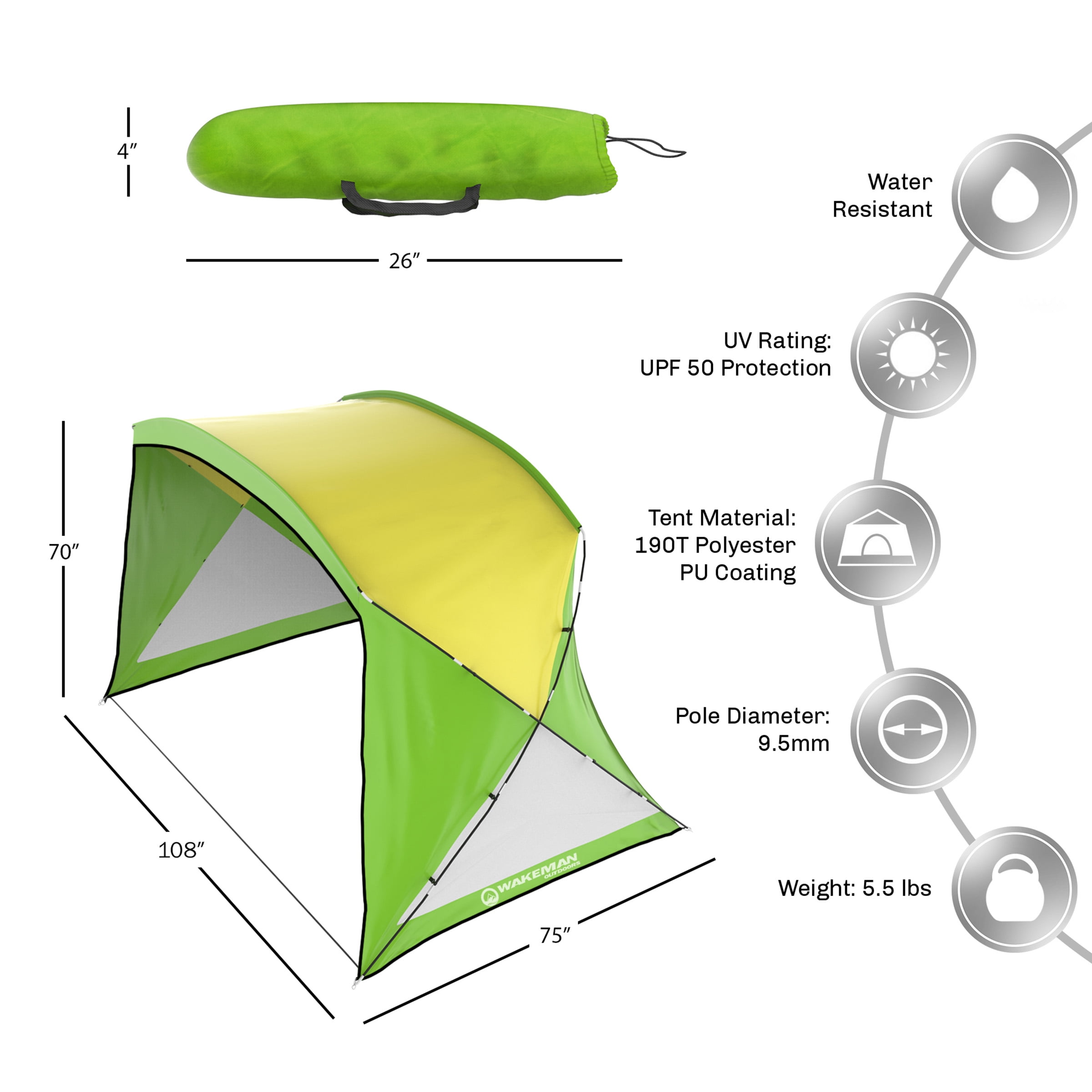 Wakeman Outdoors Water Resistant UV Protection Beach Tent with Carry Bag, Green