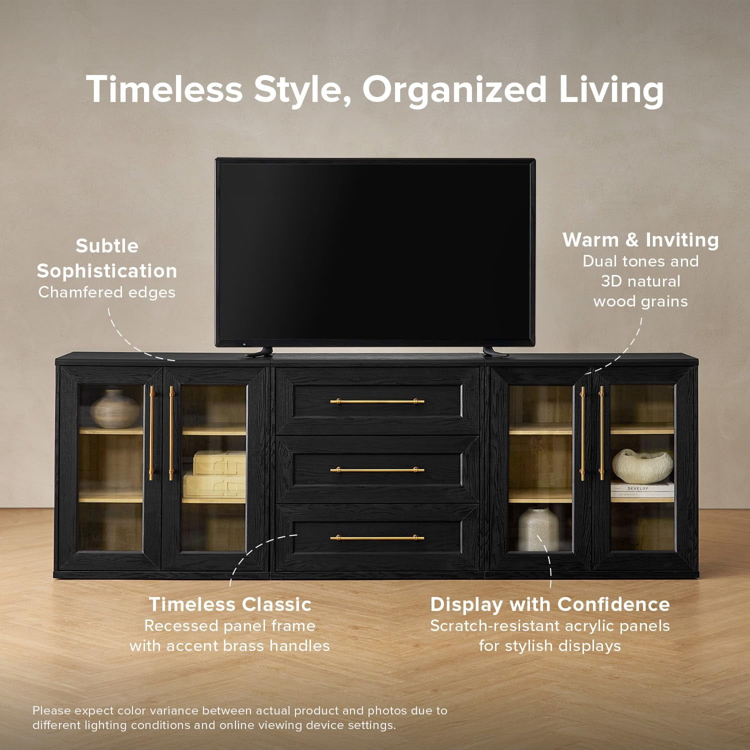 Mopio Blake 3 Piece Entertainment Center with Storage, Modern Farmhouse Modular Storage Cabinet Dresser TV Stand for up to 65" TVs, Side Display Case, Media Console Cabinet, Living Room (Black)
