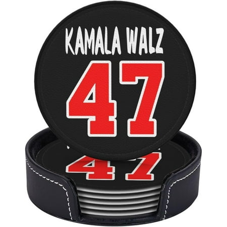 

Kamala Harris Waltz Walz 47 th President USA America 2024 Election Funny Coasters Profile Novelty Leather Coaster Set - 6 Pcs Leather Coasters with Holder for Home Decor and Office