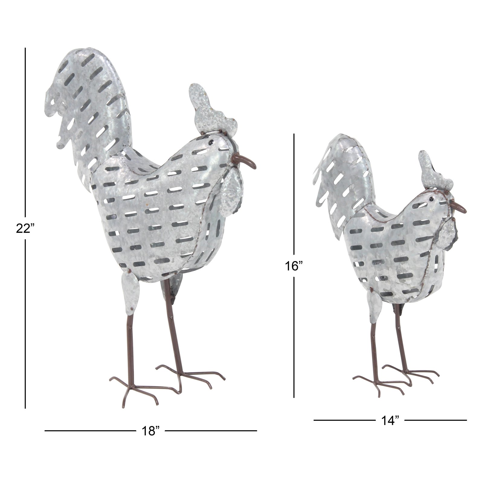 Decmode Set of 2 Farmhouse Iron Standing Rooster Sculptures, Gray
