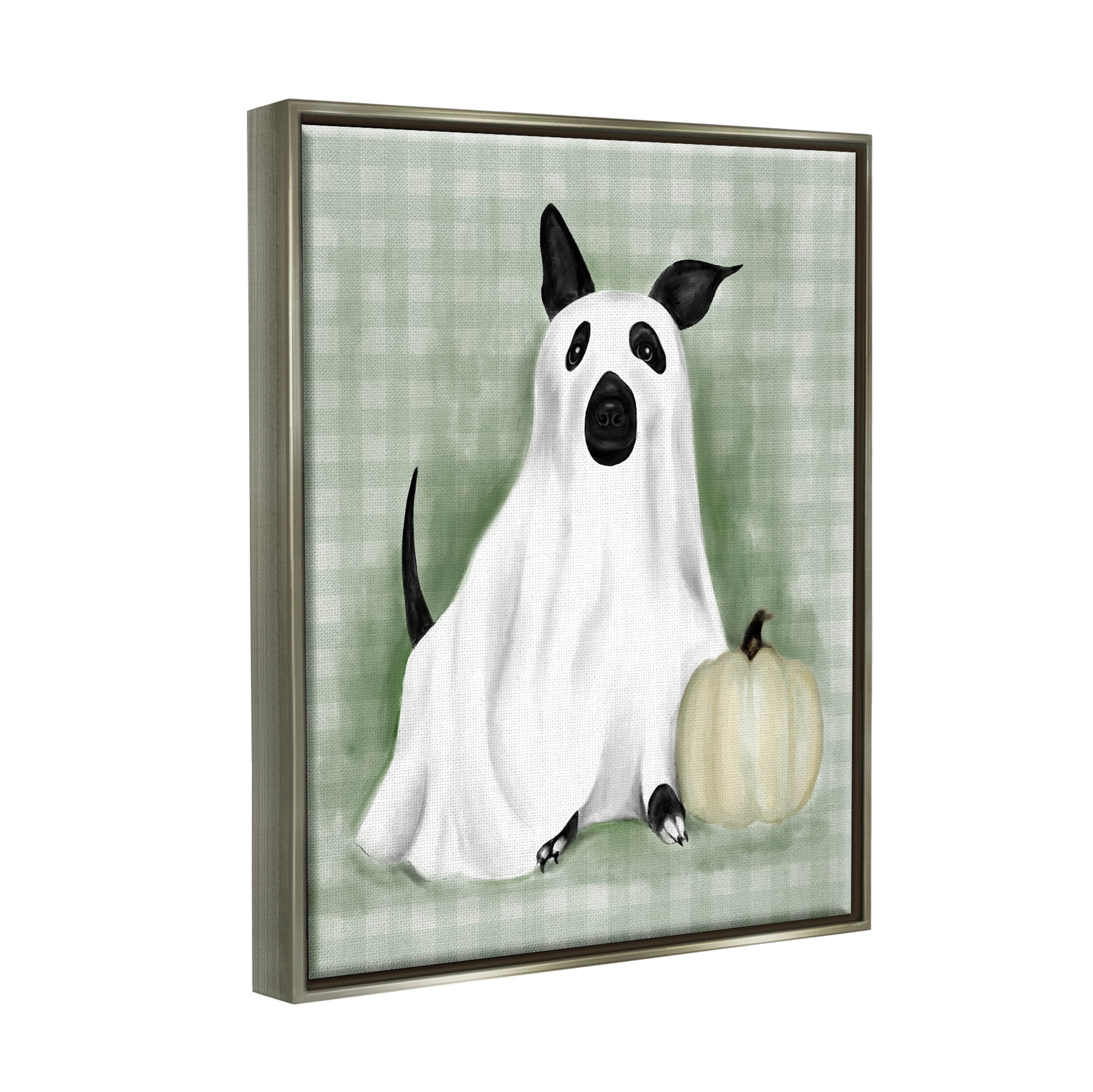Stupell Industries Dog Ghost Halloween Costume Graphic Art Luster Gray Floating Framed Canvas Print Wall Art, Design by Lil' Rue