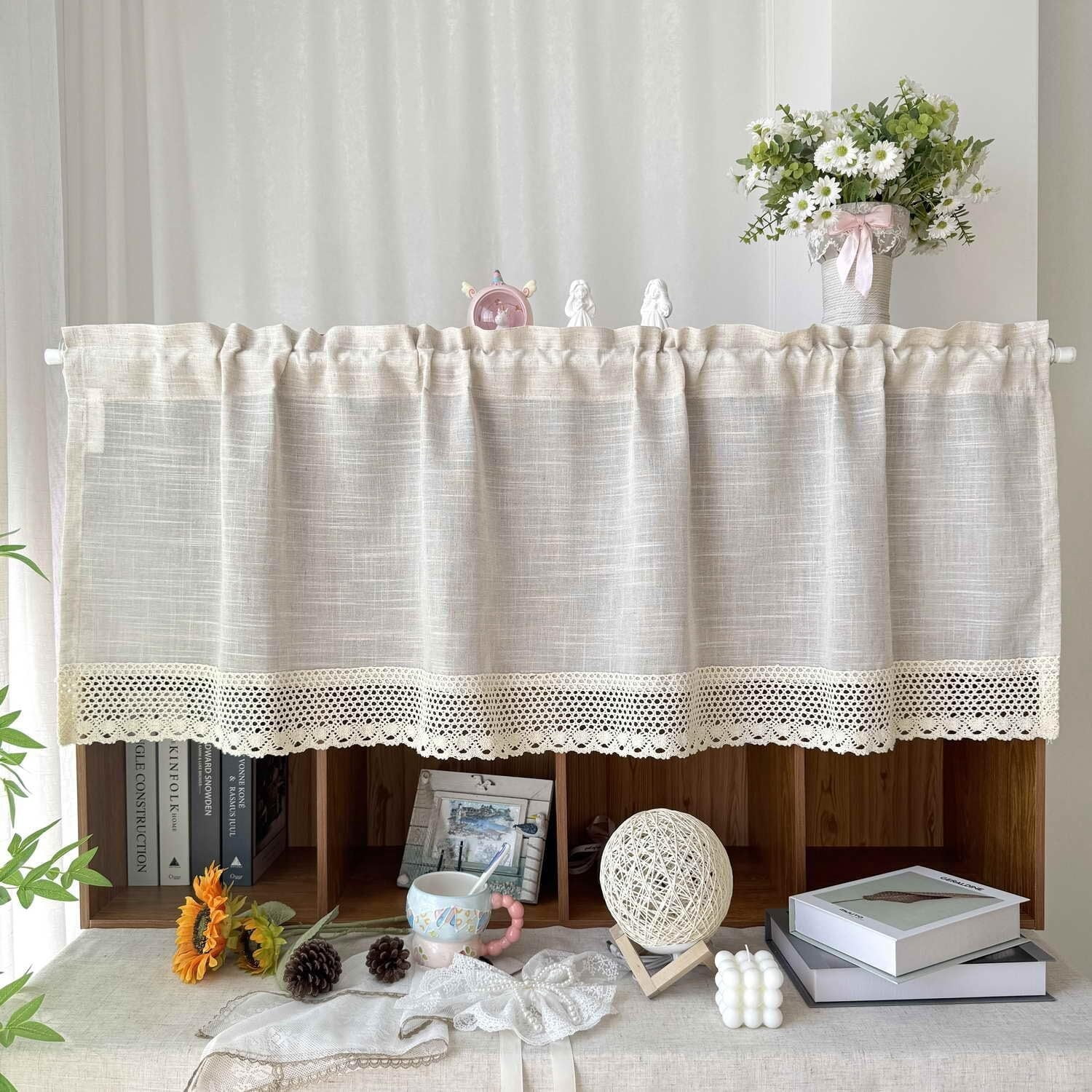 Rustic Linen Curtain Valance for Kitchen 20 Inches Long Lace Curtains for Small Window Farmhouse Short Curtains for Coffee Decor Rod Pocket Beige Curtain Tiers for Bathroom
