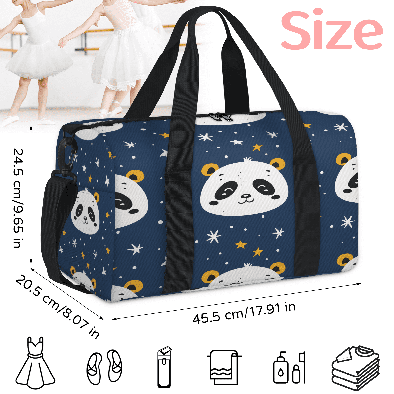 Herdesigns Pandas Gym Bag for Women, Duffle Bag for Travel Sport, Star Lightweight Waterproof Carry on Weekender Dance Yoga Workout Bags