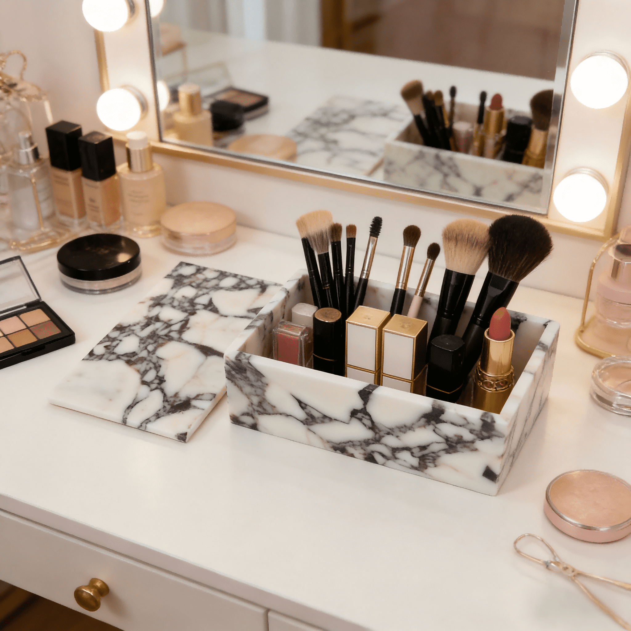 Calacatta Viola Marble Storage Box with Secure Lid - Dustproof Rectangular Container for Cotton Balls, Makeup, Personal Items | Home & Office Organizer