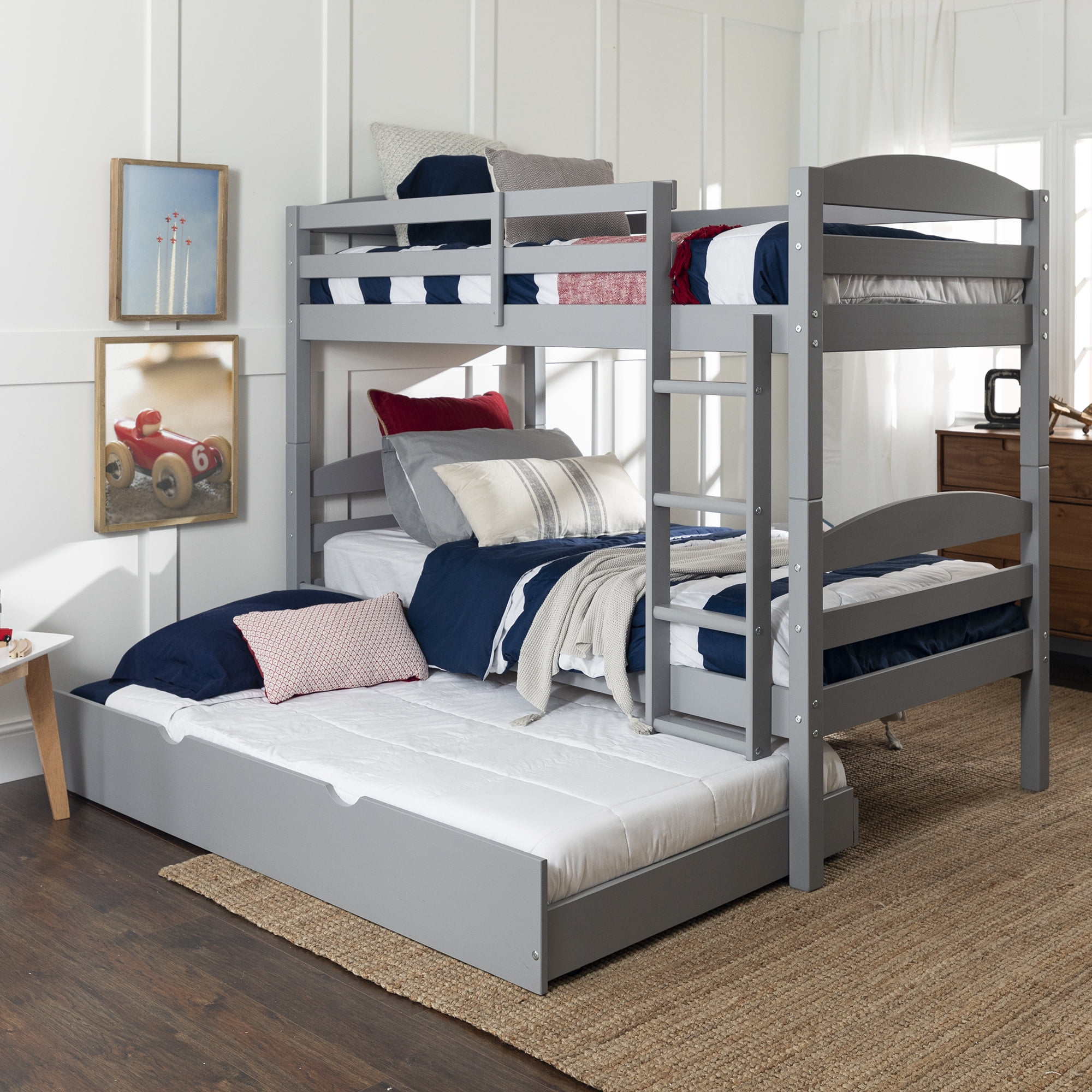 Walker Edison Transitional Twin-over-Twin Bunk Bed Frame with Trundle Bed, Grey