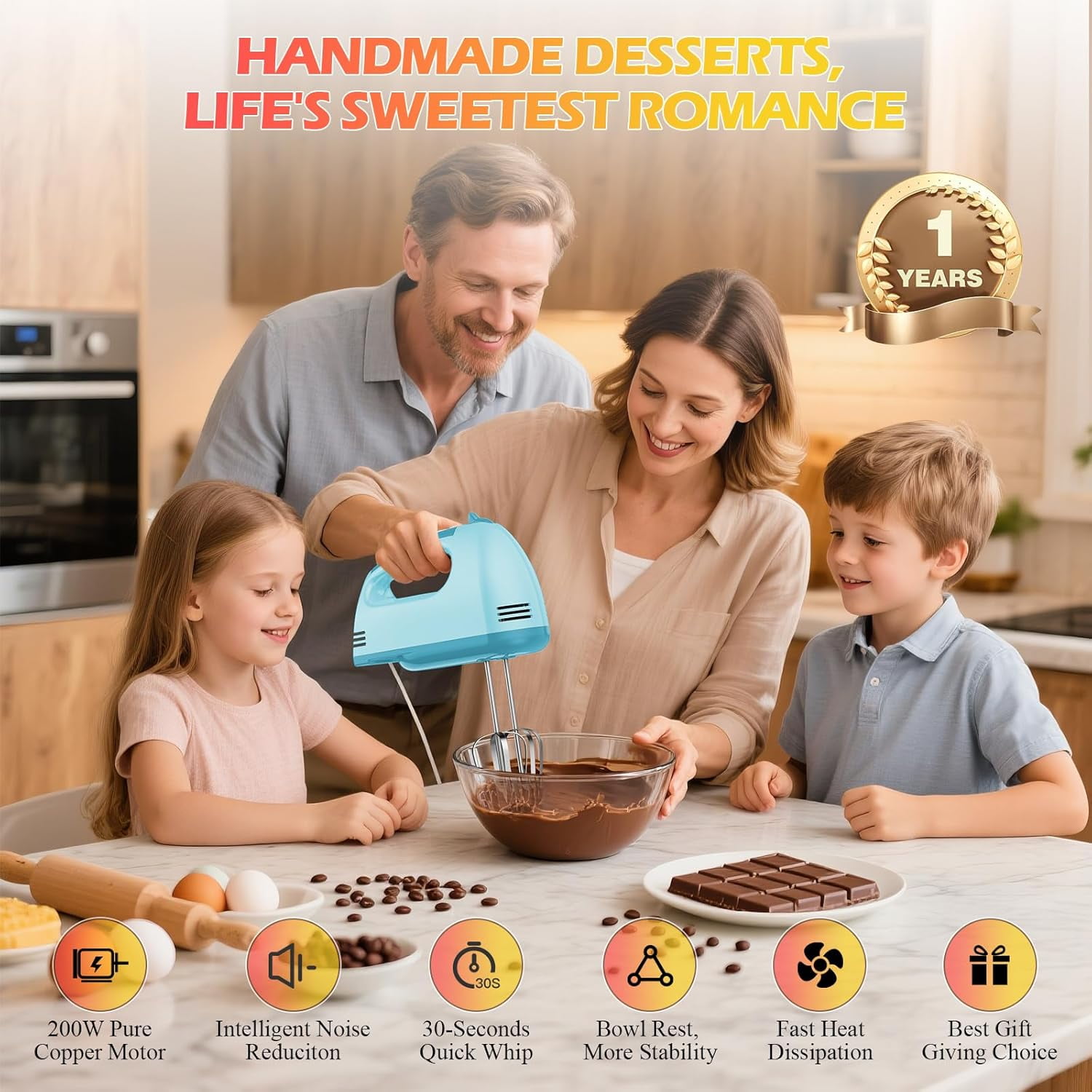 7-Speed Electric Hand Mixer – Portable Food Kitchen with 304 *(1x Whisk, 2x Beater, Dough hook) for Baking Cakes, Cream, Blue