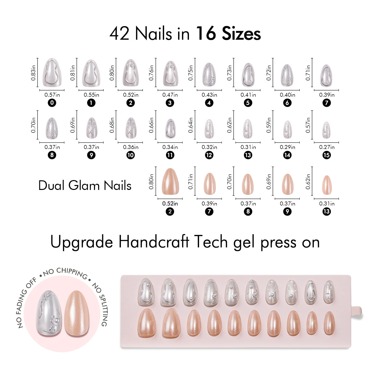 VSALON Press-On Nails Short Almond - 42 PCS Pearl White 3D Metallic Fake Nails for Women, 32 Main Nails in 16 Sizes &10 Champagne Alternative Nails - Reusable Glue on Nails Set with Tool Kit