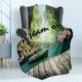 thumbnail image 4 of Saying Soft Flannel Fleece Throw Blanket, Floral Dream on Lettering with Pier and Boat in Paradise Nature Landscape Scene, Cozy Plush for Indoor and Outdoor Use, 70" x 90", Multicolor, by Ambesonne, 4 of 5