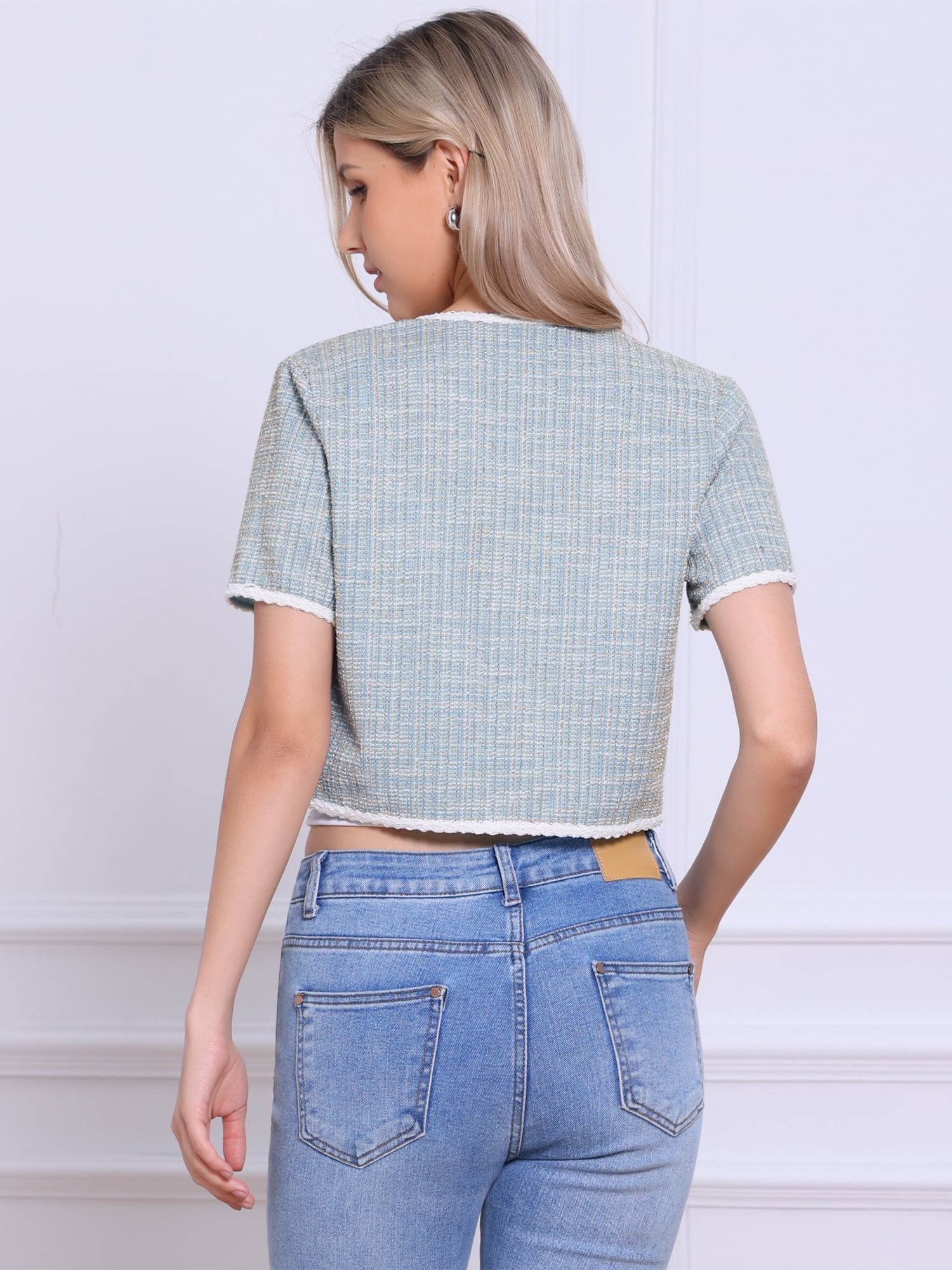 DARING DIVA Women's Short Sleeve Tweed Jacket Crew Neck Button Front Cropped Cardigan M Blue