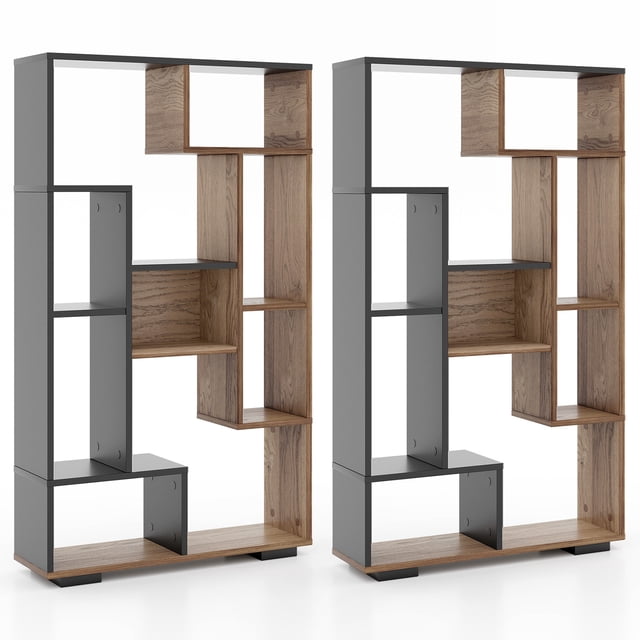 Patiojoy 2pcs Geometric Bookshelf 47-Inch Bookcase w/ Multiple Open Shelves Anti-Tipping Devices Freestanding Book Storage Organizer Black