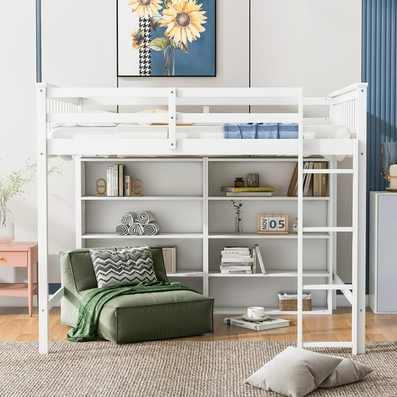 Euroco Wood Full Size Loft Bed with Shelf for Kids Bedroom, Functional Storage Shelf and Display Case, Open Bookcase for Kids Teens Adults, White