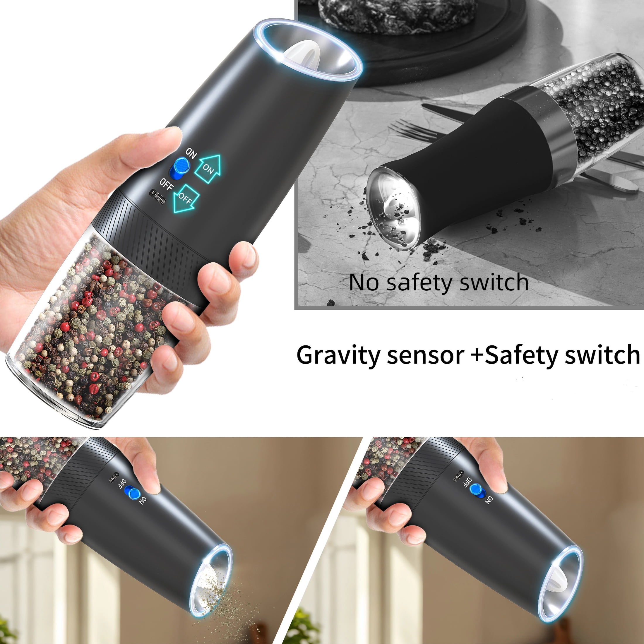 MSAS Electric Salt & Pepper Mill Grinder Shakers，Adjustable Coarseness Gravity LED Light USB Rechargeable, Black, 2 Pack