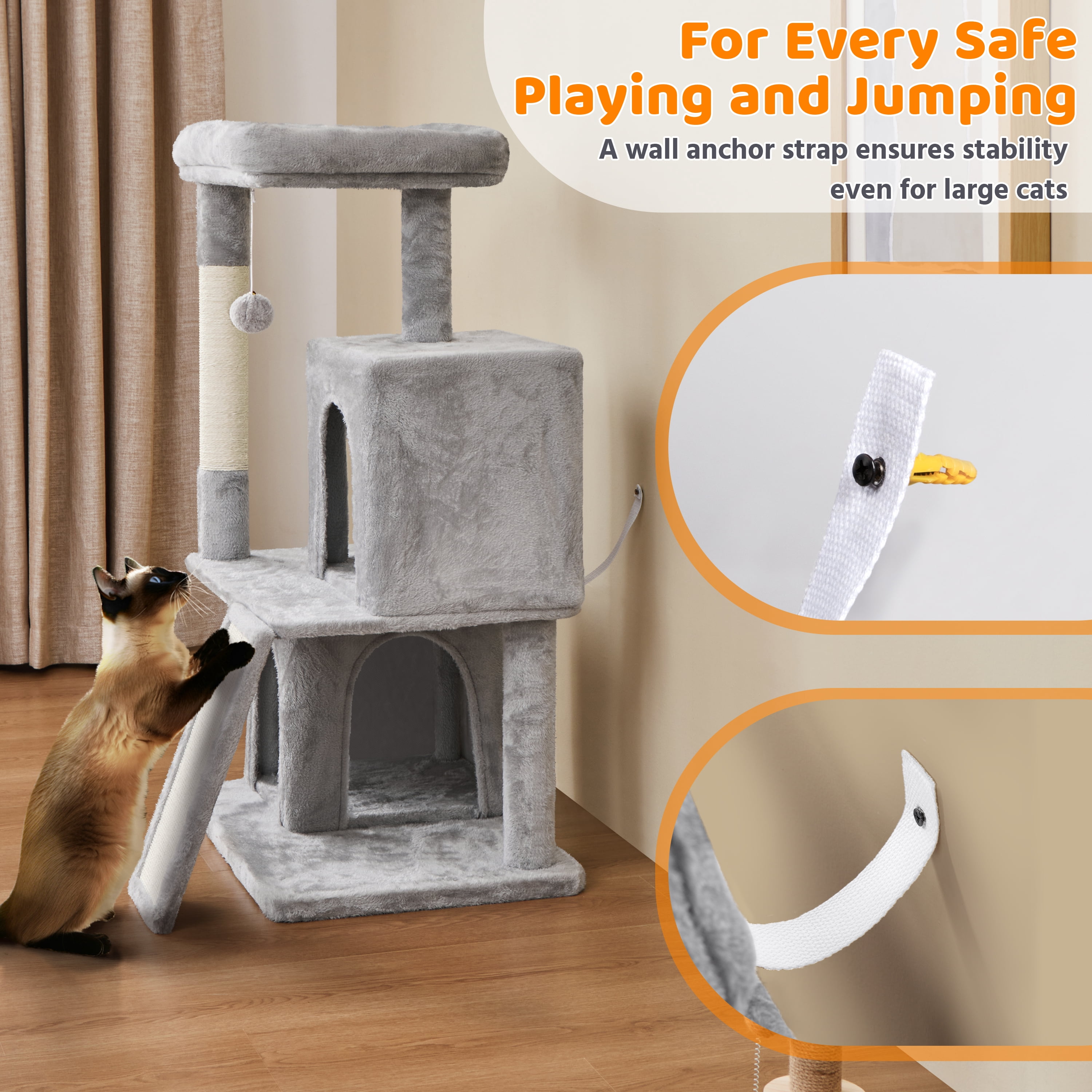 Alden Design Multilevel Cat Tree Tower with Double Condos Top Platform Perch, Light Gray