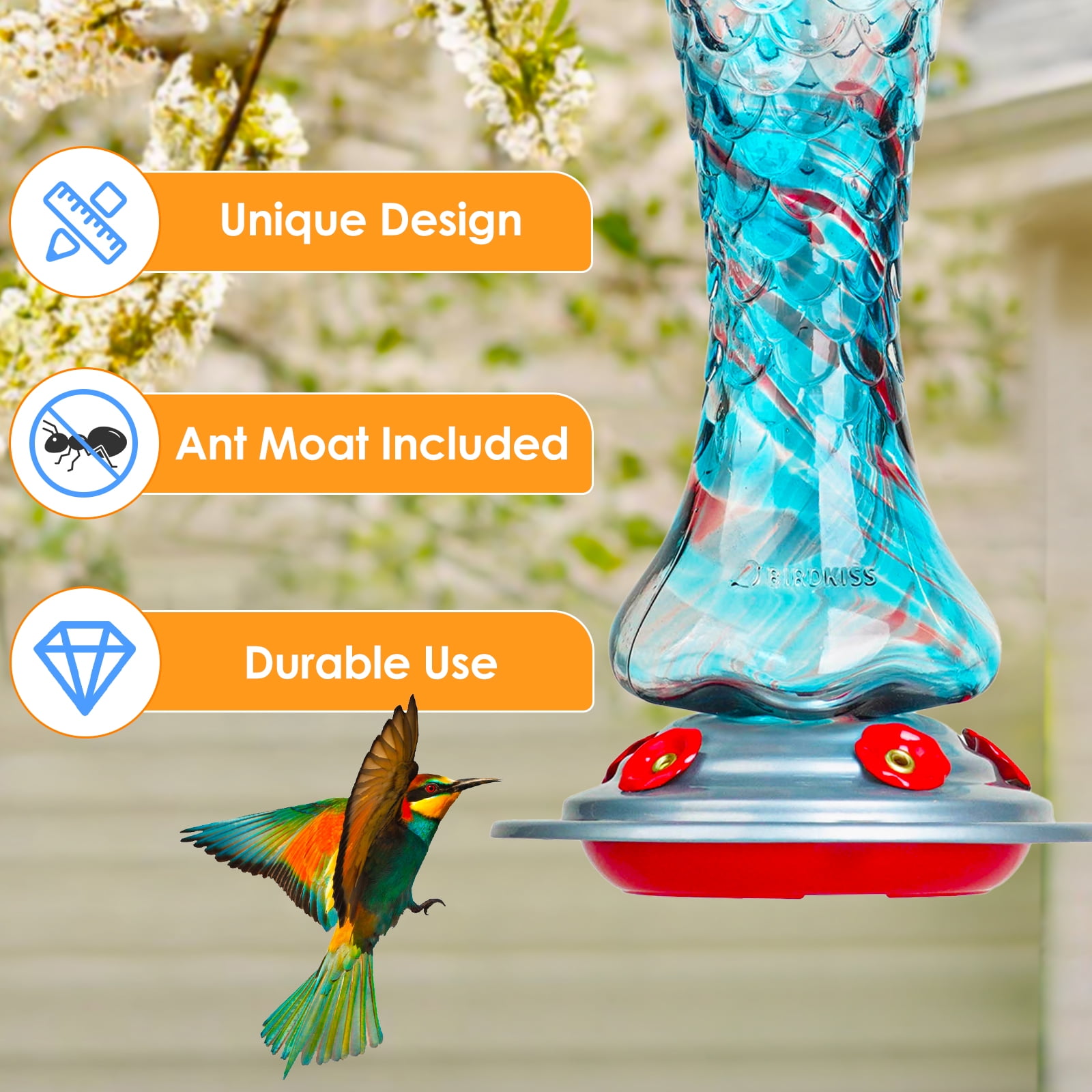 Birdkiss 28 oz Hand Blown Glass Hummingbird Feeders with Ant Moat Hook, Garden Backyard Patio Decor