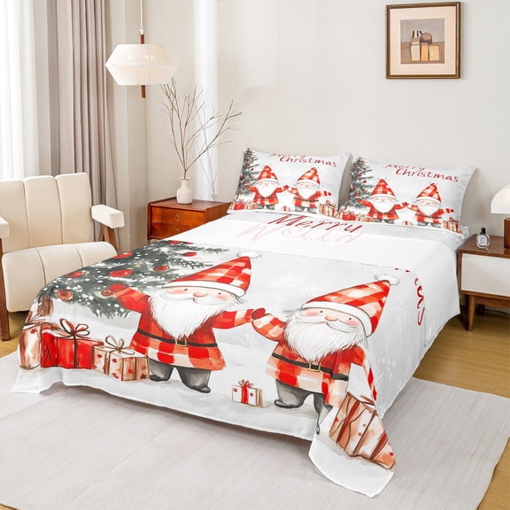 Manfei Cartoon Gnome Twin Sheet Sets,Merry Christmas Twin Fitted Sheet,Kids Xmas Gifts Tree Flat Sheet For Girls Boys,Microfiber Bedroom Decor,3-Piece