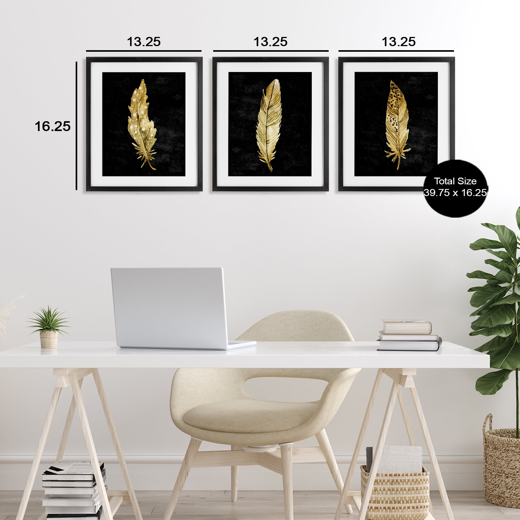 Black & Gold Feathers 3 Piece Black Framed Print Under Glass Set, design by Kim Allen