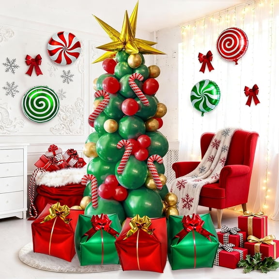 Christmas Tree Balloon Garland Arch Kit with Red Green Gold Balloons, Christmas Gold Starburst, Candy Cane Gift Box Foil Balloons for Winter Xmas Party Decorations