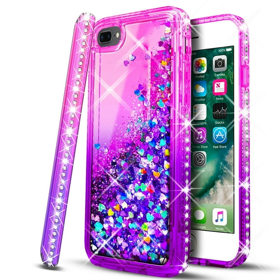 iPhone 7/8 Plus Case,  with [Tempered Glass Protector Included] Liquid Floating Glitter Quicksand Bling with Spot Diamond Cover - Pink/Purple